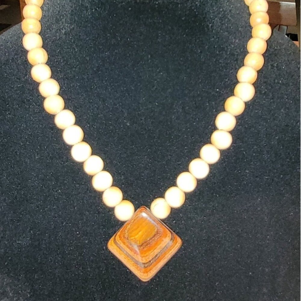 Vintage Round Beads with Squared Artistic Wooden Pendant Necklace